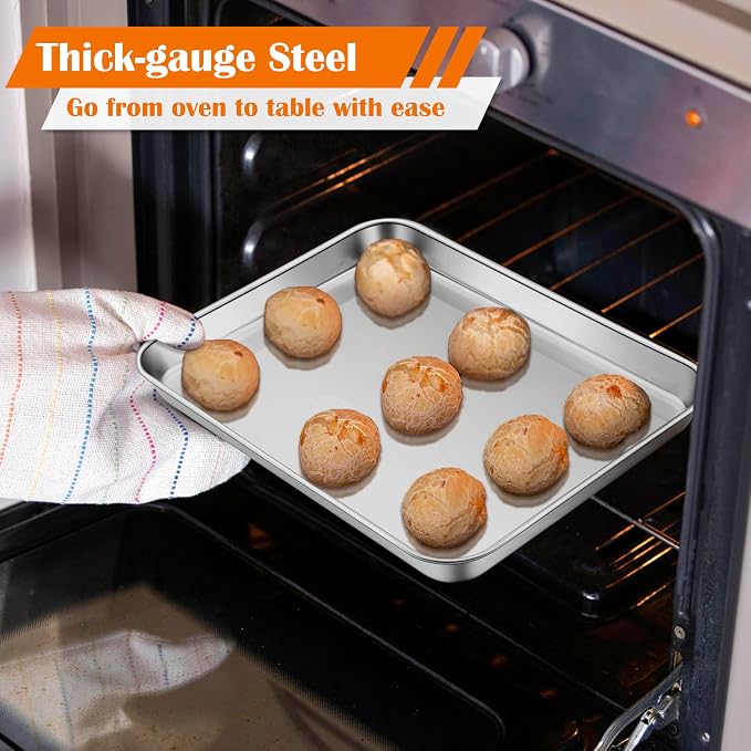 E-far 10.5” x8.3” Baking Sheet Set of 2, Stainless Steel Toaster Oven Tray | Small Non-toxic Metal Baking Pan for Cookie & Cake, Healthy & Rust Free, Mirror Finish & Dishwasher Safe