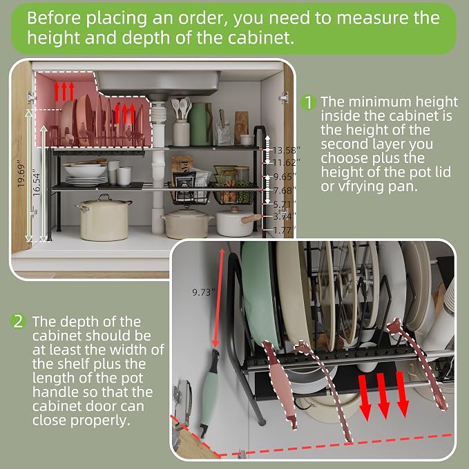 Expandable Under Sink Organizer，Pot and pan Organizer Under Cabinet | Pan Lid Organizer,Expandable Storage shelf with Pan Rack（7 Dividers）,2 Baskets and 4 Panels,Adjustable partition height