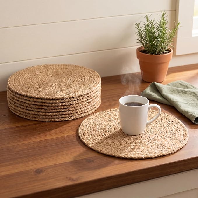 Natural Jute Placemats Set of 10, Round Woven Table Mats, 13 Inch Rattan Charger Plates for Dinner, Boho Farmhouse Braided Place Mats