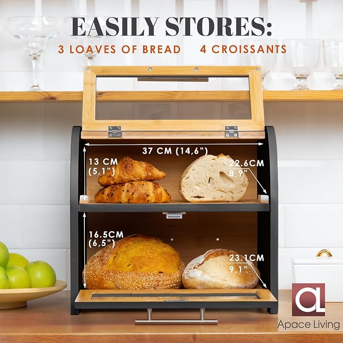Arise Stylish Bamboo Bread Box for Kitchen Countertop, Extra Large 2-Shelf Wooden Bread Storage Container with Clear Windows and Air Vents Keep Bread, Bagels and Rolls Fresh, Self Assembly | Bread Storage Container with Clear Windows & Air Vents, Bread...