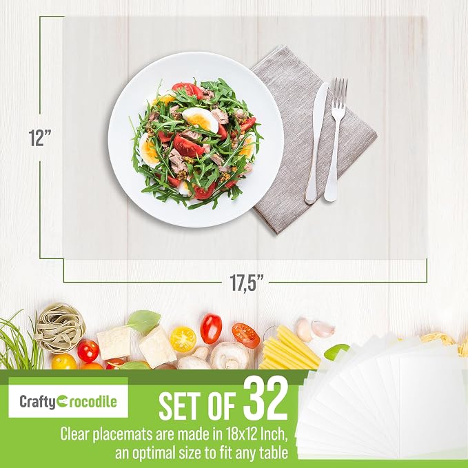 CraftyCrocodile Clear Plastic Placemats Set of 32 - Vinyl Table Protector for Dining, Kitchen, Office, Painting Table, Shelves - Heat Resistant, Crystal Clear, Wipeable Place Mats - 17.5x12