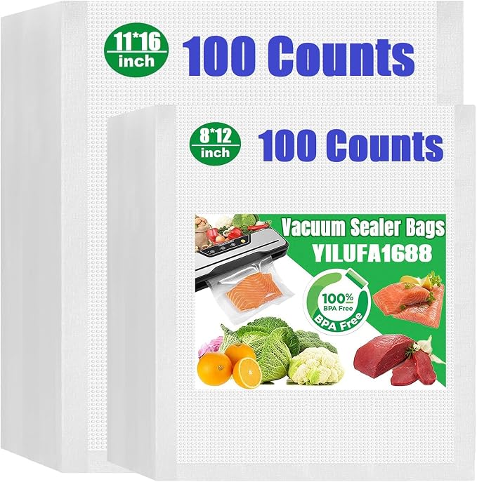 Vacuum Sealer Bags, 200 Pack Mixed Sizes 11"x16"+8"x12, Commercial Grade Airtight Food Bags, 6X Freshness Retention, Universal Fit All Clamp Sealers for Food Storage & Sous Vide Cooking