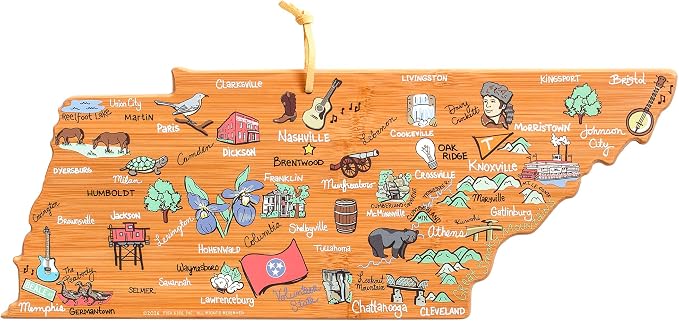 Totally Bamboo Tennessee State Shaped Cutting Board, Art by Fish Kiss | State charcuterie board with colorful hand-drawn map artwork. Smooth reverse side for food prep. Hang tie for wall display.