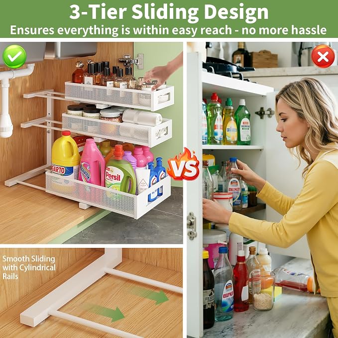 Under Sink Organizer,3-Tier Heavy Duty Pull out Cabinet Organizer Shelf | Height Adjustable,Thickened Metal,Slide out Storage Drawer Rack for Kitchen Bathroom Pantry Laundry Home Organization