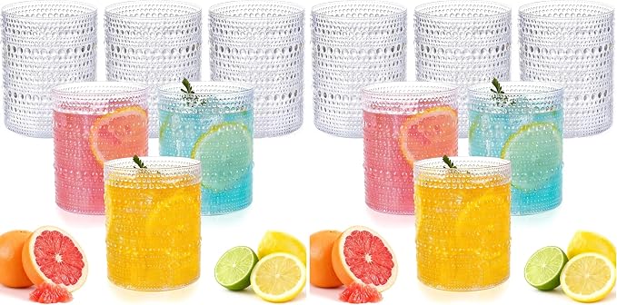18PCS Plastic Hobnail Drinking Glasses - 14 Oz Clear Vintage Glasses Drinkware - Disposable Beaded Cups for Beer, Whiskey, Juice, Cocktail, Wine, Party (Pack of 2)