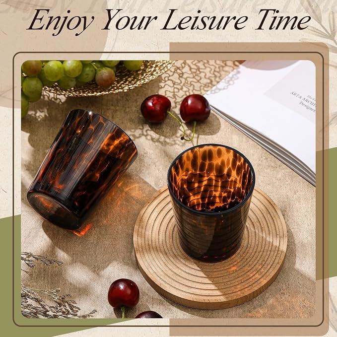 SiliFine 2 Pcs Tortoise Shell Drinking Glasses, 13oz Leopard Print Vintage Stemless Wine Glasses, Cheetah Print Aesthetic Cups, Hand Blown Brown Glassware, Room Decor, Gifts for Party