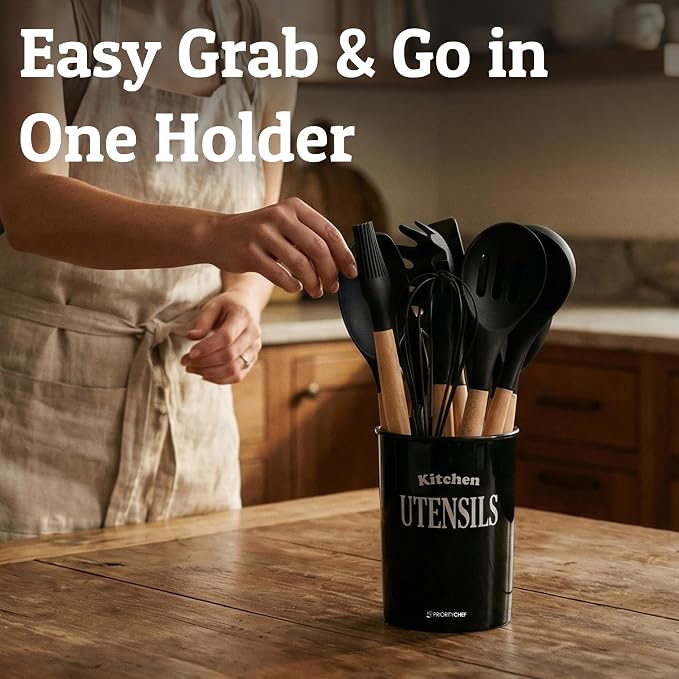 PriorityChef Silicone Cooking Utensil Set with Wooden Handles - Kitchen Utensils for Nonstick and Ceramic Cookware, Heat Resistant up to 446°F, Black
