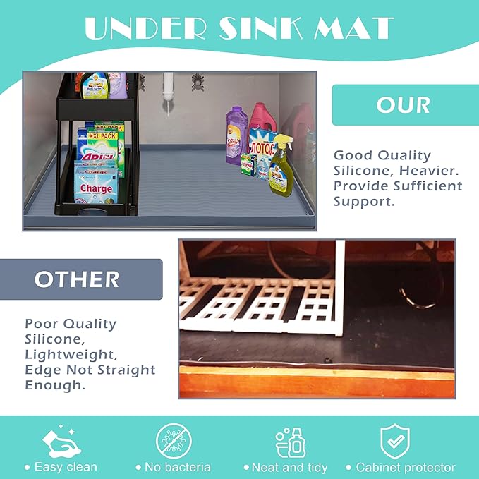 URMONA Waterproof Silicone Under Sink Mat 28'' x 22'' Shelf Liner for Kitchen and Bathroom, Cabinet and Counter Protector, Storage and Organizers, Litter Mat, Pet Cat Puppy Essentials(Khaki)