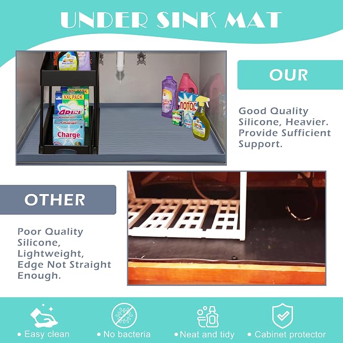 URMONA Waterproof Silicone Under Sink Mat 40'' x 22'' Shelf Liner for Kitchen and Bathroom, Cabinet and Counter Protector, Storage and Organizers, Litter Mat, Pet Cat Puppy Essentials(Light Grey)