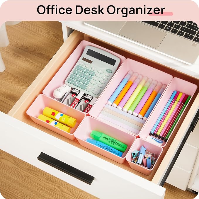 Vtopmart 44 PCS Plastic Drawer Organizers Set, Vanity Organizer Trays, Pink | 4-Size Versatile Makeup Organizer, Non-Slip Storage Containers for Makeup, Jewelries, Bedroom，Kitchen Utensils and Office