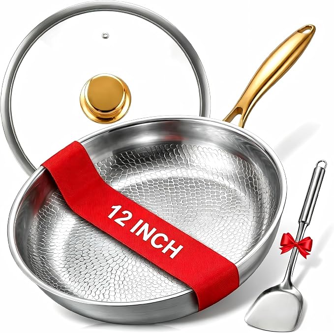 12" Titanium Pans for Cooking | Food-Grade Pure Titanium Frying Pan Pro with Lid & Spatula | PFAS/PFOA/PTFE Free Nonstick Cookware | Dishwasher & Oven Safe, Kitchen Induction Compatible