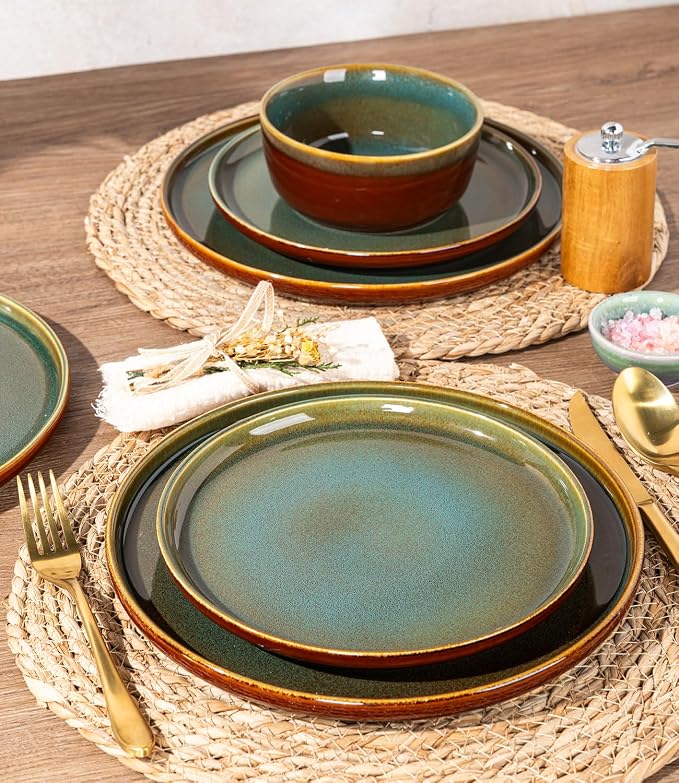 GBHOME Dinnerware Sets for 8, 24 Pieces Ceramic Plates and Bowls Set | Scratch Resistant Stoneware Dishes Set, Dishwasher & Microwave Safe, Reactive Glaze-Brown Green