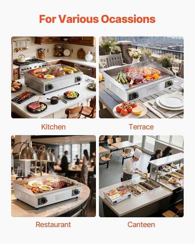 VEVOR Commercial Electric Griddle, 28.54 x 15.75 in, 4400W, 122-570°F Adjustable Temp Control, Stainless Steel Countertop Full Flat Top Grill with 2 Spatulas, 2 Brushes, for Steak, Pancake(NO PLUG)