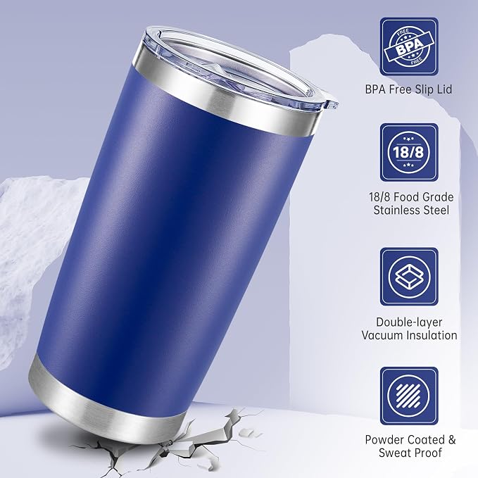 20 oz Tumblers Bulk Stainless Steel Tumbler with Lid, 6 Pack | Blue, 20oz Insulated Coffee Mug, Double Wall Vacuum, Powder Coated Cup, for Hot and Cold Drinks