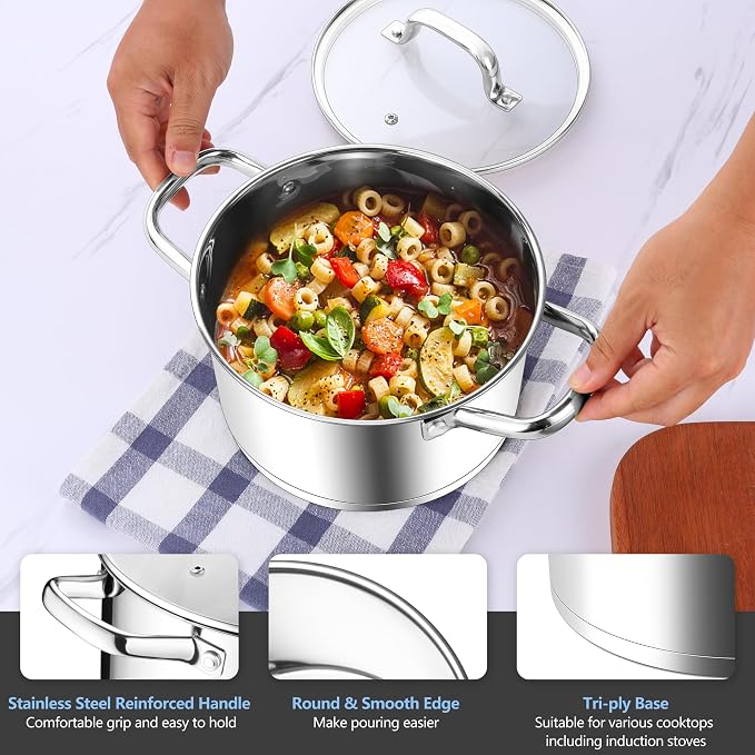 Homikit Stainless Steel Stock Pot 4 Quart, Induction Stockpot with lid for Soup Pasta Sauce Cooking Simmering, Tri-ply Heavy Bottom Compatible with All Stove, Dishwasher Safe