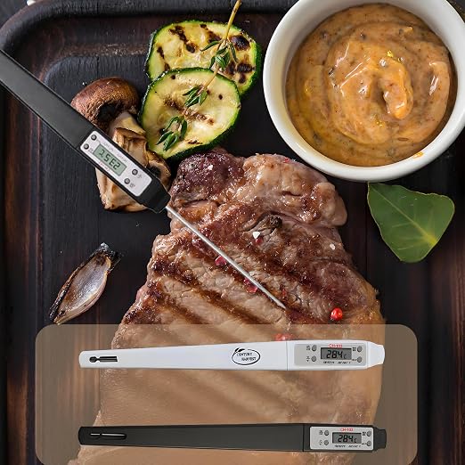 Meat Thermometer, Waterproof Digital Food Thermometer Instant Read with 120mm Long Probe, Automatic Calibration, Kitchen Cooking Thermometer for BBQ, Grill, Water Temperature(White)