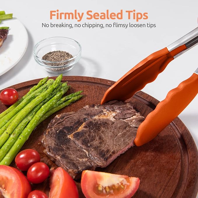 U-Taste Kitchen Tong for Cooking, 600ºF Heat-Resistant Tps, 9in/Orange | Rubber Tong for Serving Food, Salad/Grill/BBQ/Steak/Pasta Silicon Tongs, 18/8 Stainless Steel Handle & Smooth Locking