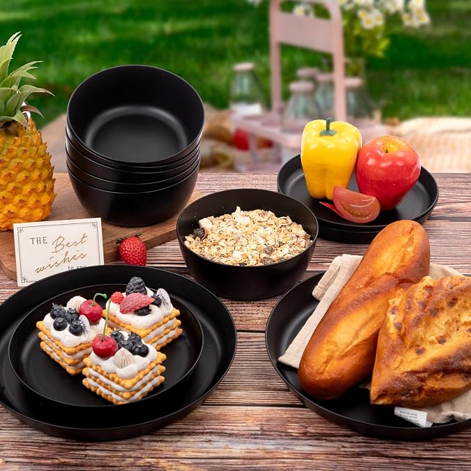 EjonirInjonir 12pcs Black Plates and Bowls Sets for 4 Unbreakable Outdoor | Reusable Stackable Black Plastic Plates and Bowls Sets for Outdoor Catering, RV Camping, College Dorms & Special Parties