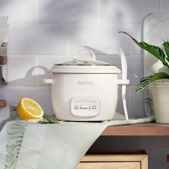 AROMA CoreCoat™ Mini Rice Cooker (3 Cups Cooked) with Nonstick Ceramic Pot Coating, Glass Lid, and Pop-Up Steamer Tray, 0.8 Quart