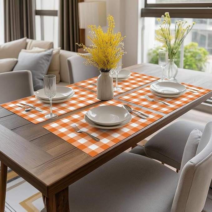 Artoid Mode Buffalo Plaid Vinyl Placemats Set of 4, 12x18 Inch Washable Non-Slip Heat Resistant Plastic Place Mats for Party Dining Table, Orange/White