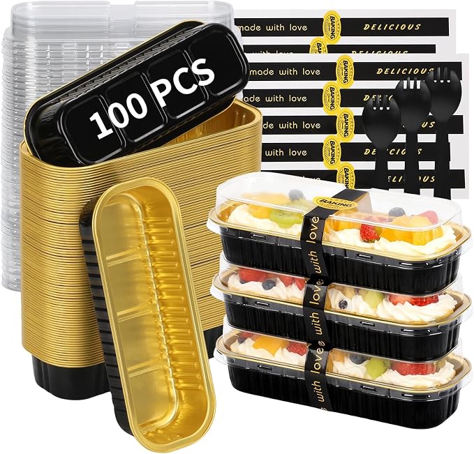 100 Pack 6.8 oz Rectangular Mini Loaf Pans with Lids and Spoons,Disposable Aluminum Foil Mini Cake Pans and Baking Tins with Sealing Stickers, Individual Black Dessert Containers for Parties