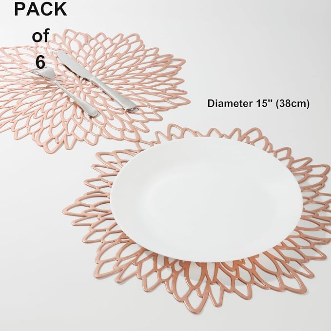 Snowkingdom 6 Pack Rose Gold Placemats Metallic Pressed Vinyl for Mother's Day Table Decoration Dinning Mats Round Floral Charger Plates Bridal Shower Party Birthday Wedding Valentine Christmas
