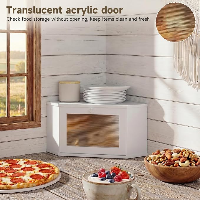 Corner Bread Box For Kitchen Countertop,Bread Storage Bin (White, Medium) | Small Bamboo Bread Container,Corner Shelf For Kitchen Decor