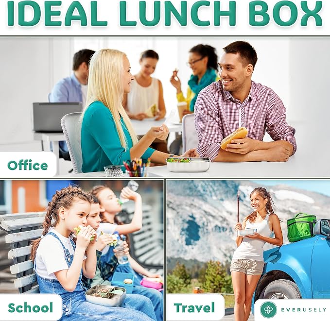Stainless Steel Bento Box + Condiment Container - Green, 37oz / 1.1 L | Everusely metal lunch box, leakproof sauce container, 3 compartment snack organizer for travel, freezer & dishwasher safe