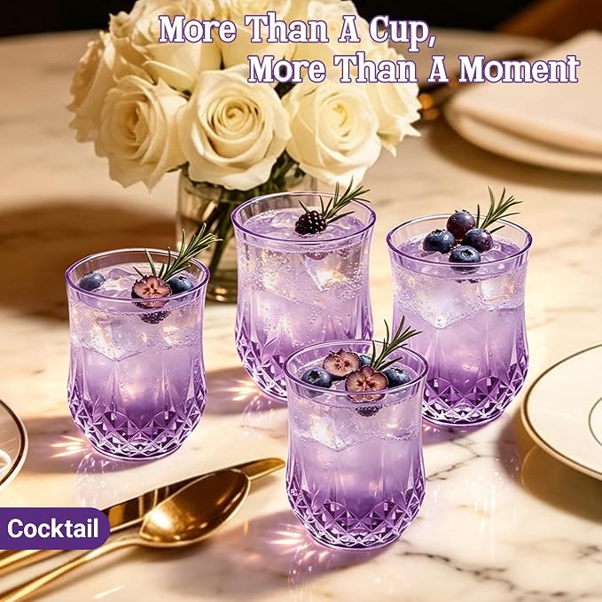 24 Pack 12 Oz Plastic Stemless Wine Glasses, Purple | Unbreakable, Reusable, Elegant Vintage Design, Fancy Cocktail Cups, Whiskey, Champagne, Wedding, Party, Bars, Holiday Events