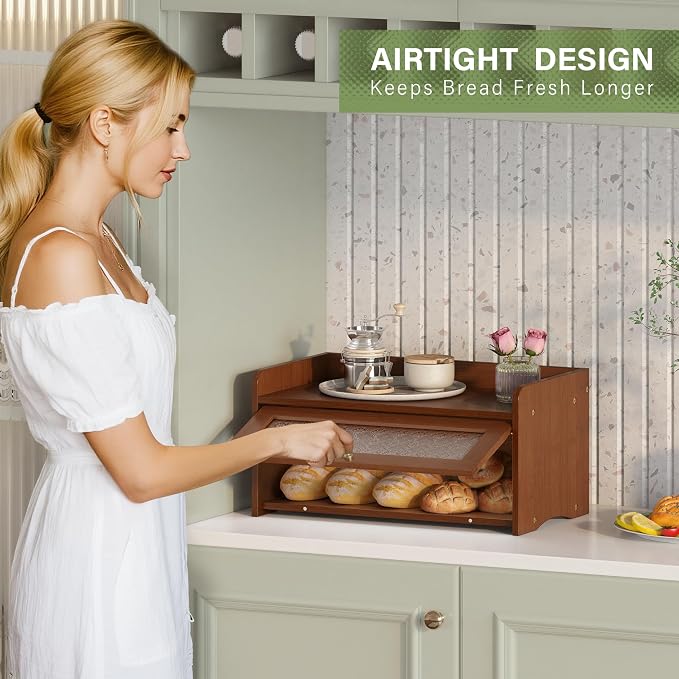 JANSNIMEN Vintage Bread Box for Kitchen Countertop, Bread Container Storage, Wooden Farmhouse Bread Box with Window Bread Holder (Vintage Brown)