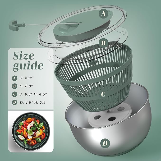 COOK WITH COLOR Stainless Steel Salad Spinner - 5 Qt. Lettuce Washer And Vegetable Spinner Dryer for Easy Salad Prep - Non Slip Base with Pull Handle - Auto Stop Brake System, Stain and Odor Resistant