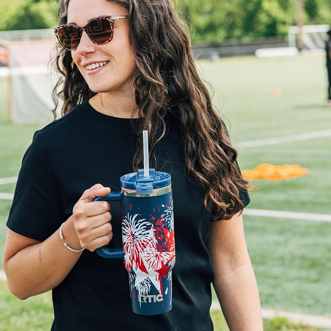 RTIC 30 oz Road Trip Tumbler Double-Walled Ceramic Lined InsulatedStainless Steel Portable Travel Coffee Mug Cup with Lid, Handle and Straw, Fireworks