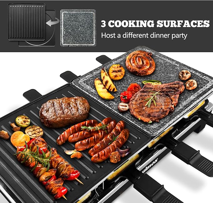 Raclette Table Grill, CUSIMAX Indoor Grill Electric Grill, Black | Portable Korean BBQ with 2 in 1 Reversible Non-stick Plate & Natural Grill Stone, 8 Raclette Pans & 8 Wooden Spatulas, 1500W