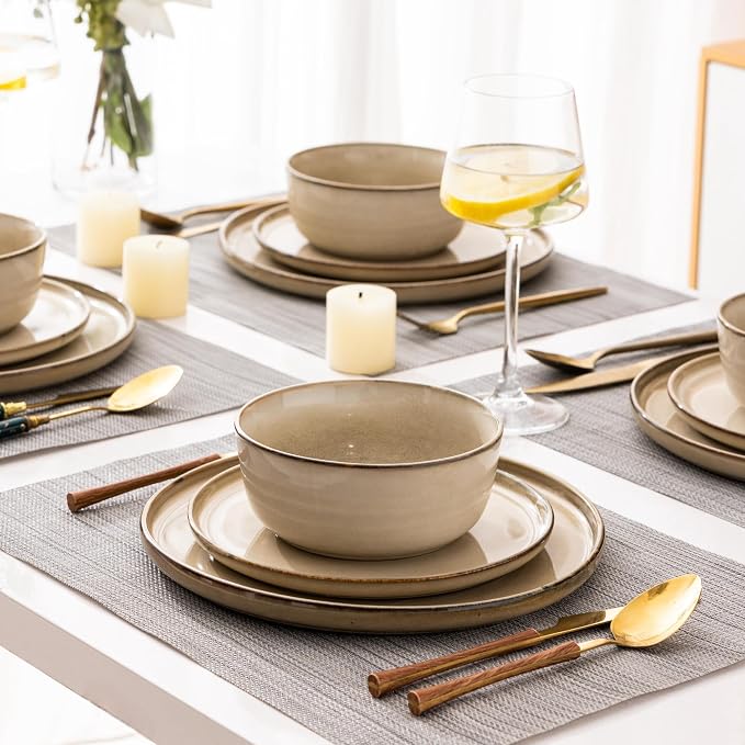 GBHOME Dinnerware Sets for 8, 32 Pieces Ceramic Plates and Bowls Set | Scratch Resistant Stoneware Dishes Set, Dishwasher & Microwave Safe, Reactive Glaze-Cappuccino