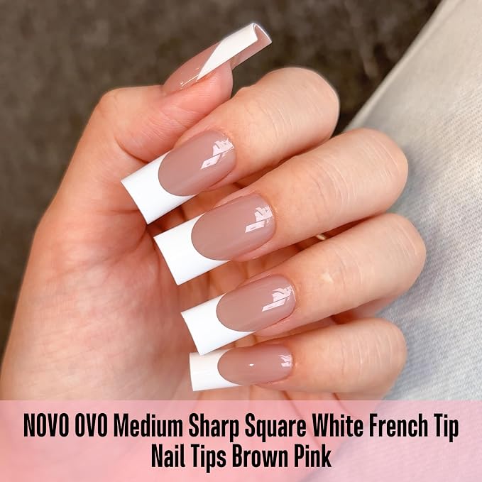 NOVO OVO Medium Sharp Square White French Tip Nail Tips Press on Brown Pink, Extra Thick NEED Builder Gel & Top Coat & Glue, Soft Gel full Cover False Fake Nail Extension for Salon DIYx15 Sizes 180pc