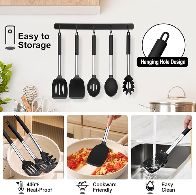 TeamFar Cooking Utensils Set, 5 PCS Silicone Kitchen Utensils, Black | Stainless Steel Handle, for Nonstick Cookware Flipping Frying Turning Draining, Heatproof & Healthy, Nonstick & Easy Clean