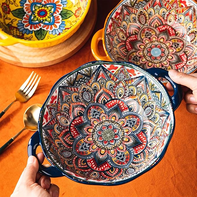 2 Pack Boho Ceramic Serving Bowls with Handles, 40 Oz Porcelain Salad Bowls, Large Serving Dishes for Entertaining, Mixing Bowls for Soup, Stew, Pasta, Cereal, Colorful Embossed Cute Bowls Set ALDS