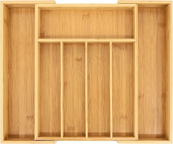 VaeFae Bamboo Drawer Organizer, Medium, Natural | Kitchen Utensil Holder, Multi-Function Drawer Storage，38 cm D x 29.2-45.7 cm W, 5-7 Slots, Natural