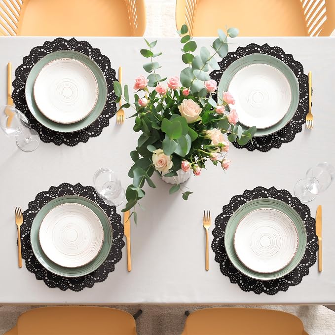 MCEAST 100 Pack Round Black Paper Doilies 13.5 Inches Lace Paper Place Mats Rustic Scallop Doily Disposable Table Pads for Food Cakes Crafts Party Weddings Tableware Decor
