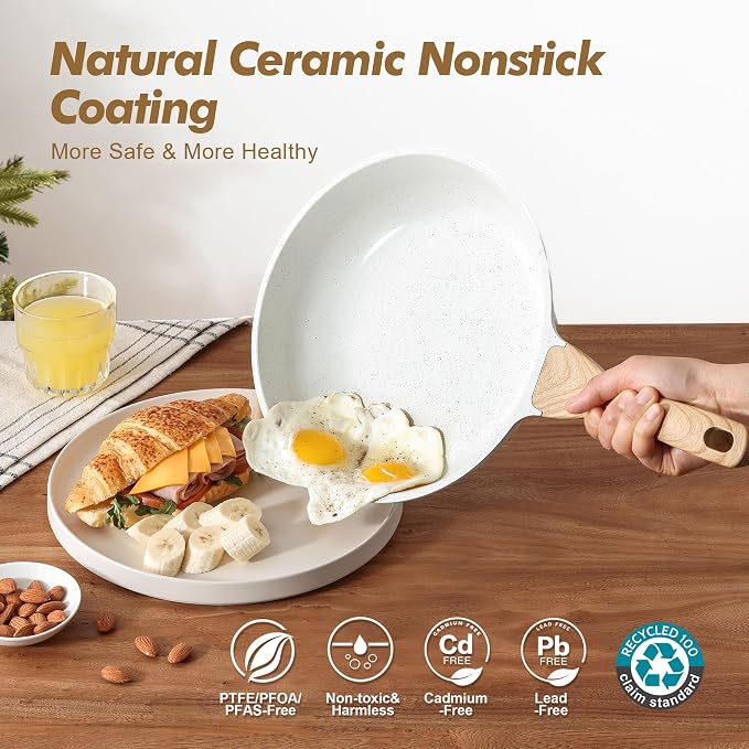 SENSARTE Ceramic Nonstick Frying Pan Skillets, White (9.5+11 Inch) | Healthy ceramic nontoxic coating, PTFE & PFAS free. Compatible with all stoves including induction cooktops. Easy to clean.