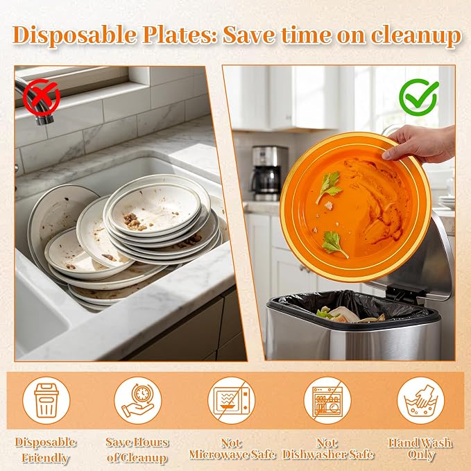 DaYammi 350PCS Orange Gold Plastic Dinnerware Set for 50 Guests, Fancy Disposable Plates for Party, Include: 50 Dinner Plates, 50 Dessert Plates, 50 Pre Rolled Napkins with Gold Silverware, 50 Cups