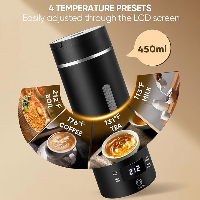 Travel Electric Tea Kettle Portable, 450ML, 316 Stainless Steel, 4 Temp | Small Hot Water Boiling Coffee Warmer Heater, Fast Boiler, Auto Shut-Off, Boil Dry Protection, LCD Display (Black)
