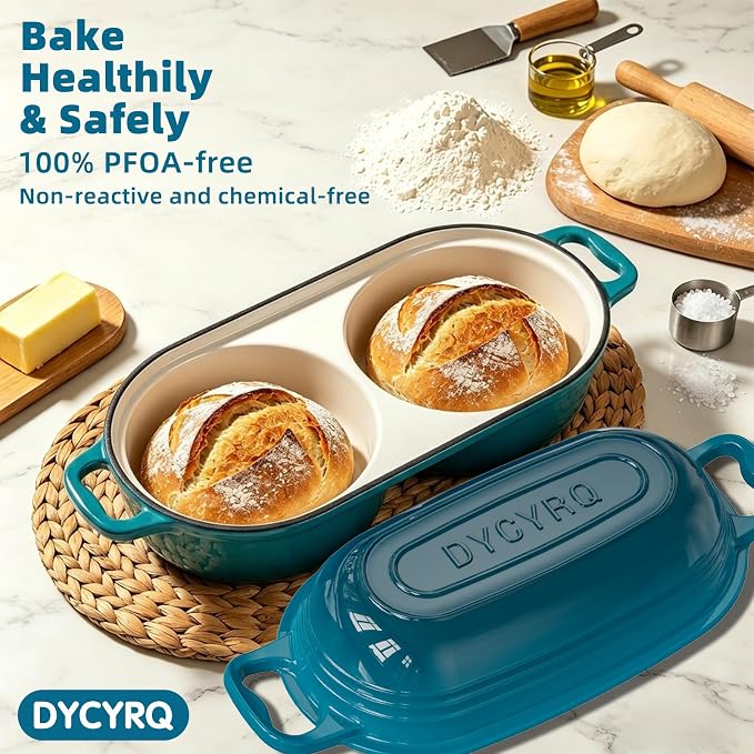 Enameled Cast Iron Double Round Bread Loaf Pot with Lid – 16cm Diameter Mini Dutch Oven for Sourdough Bread Baking, 500°F Oven Safe Non Stick Bread Pan, Double Dutch Oven for Meatloaf, Cake, Even Heating – Emerald