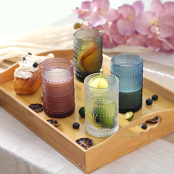 Moretoes12 Pack 12 Oz Vintage Drinking Glasses Set,Water Glass Cups | Colored Hobnail Drinking Glasses Kitchen Bar Tumbler Glassware Set for Whiskey, Beer, Juice, Milk and Various Mixed Drinks