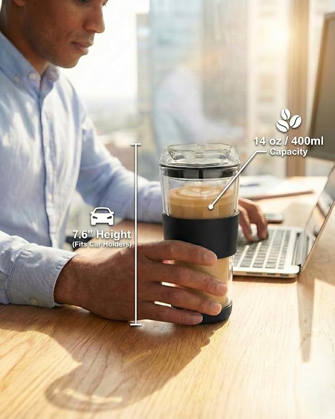 14oz Double Walled Glass Coffee Tumbler with Full Glass Lid | Silicone Sleeve, Non-Slip Insulated Travel Mug, Protective Bottom Bumper, 100% Plastic-Free
