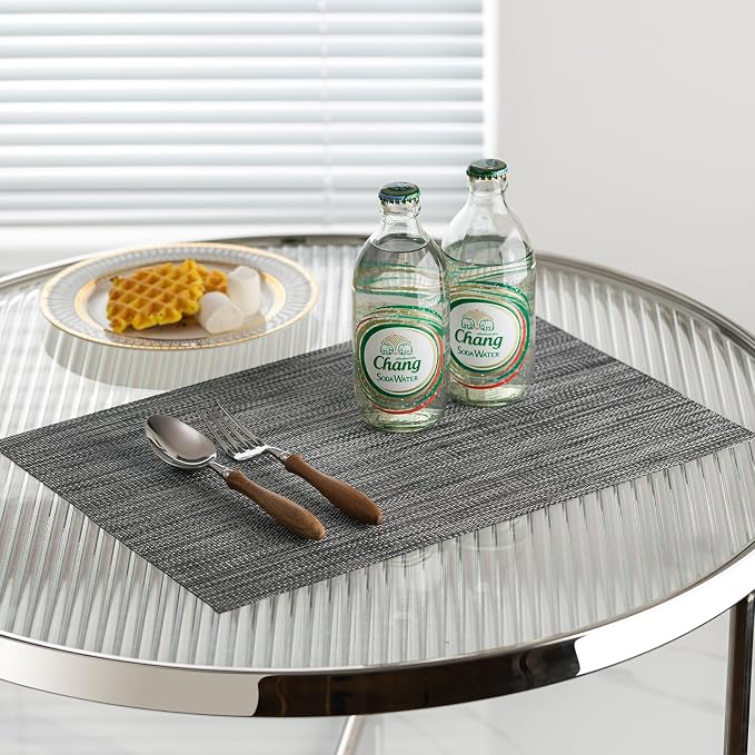 LEXMORE Placemats Set of 8 Vinyl/Plastic Woven Place Mats for Kitchen Table Indoor/Outdoor Washable Placemat Wipeable Dining Table Mats(Dark Gray)