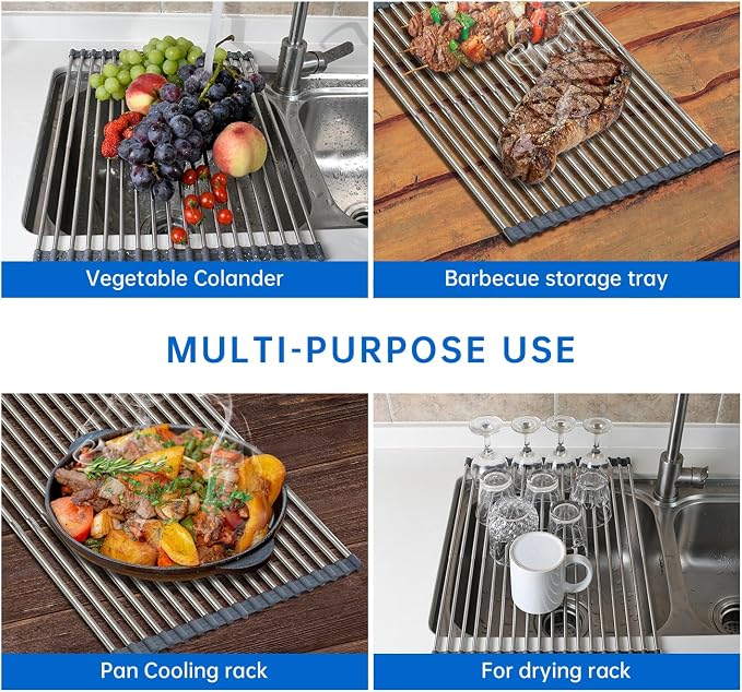 CHIRISEN Expandable Large Roll Up Dish Drying Rack 18 Tube 21.25x12.79''Collapsible Over The Sink Rack Non-Slip Silicone Rolling Dish Drainer Stainless Steel Roll Rack for Kitchen Sink Counter (Gray)