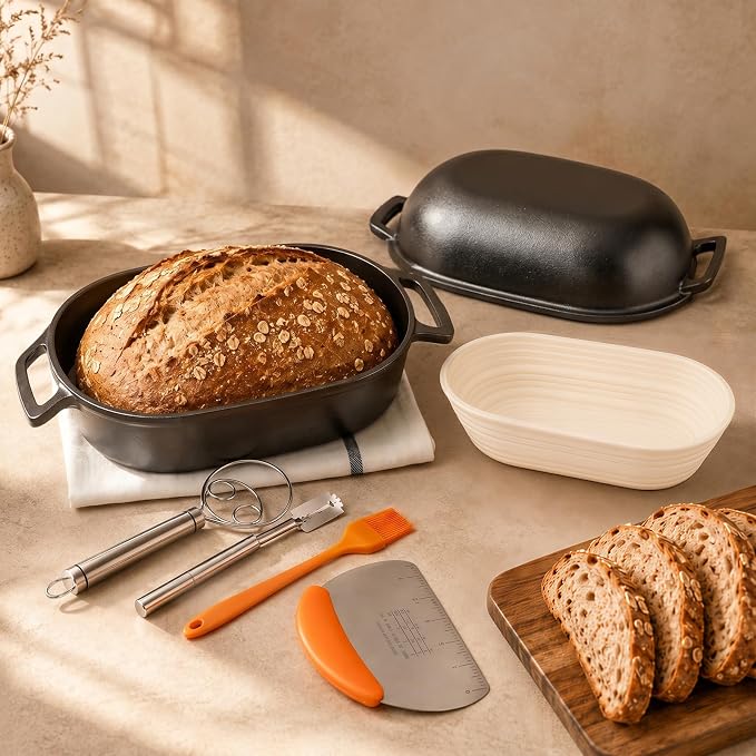QuliMetal 16"x10" Oval Cast Iron Dutch Oven for Bread Baking, Bread Loaf Pan With Sourdough Bread Making Kit, Pre-Seasoned Bread Dutch Oven With Lid, 9.5QT, 13 LBS Heavy Duty, Homemade Breadmaking