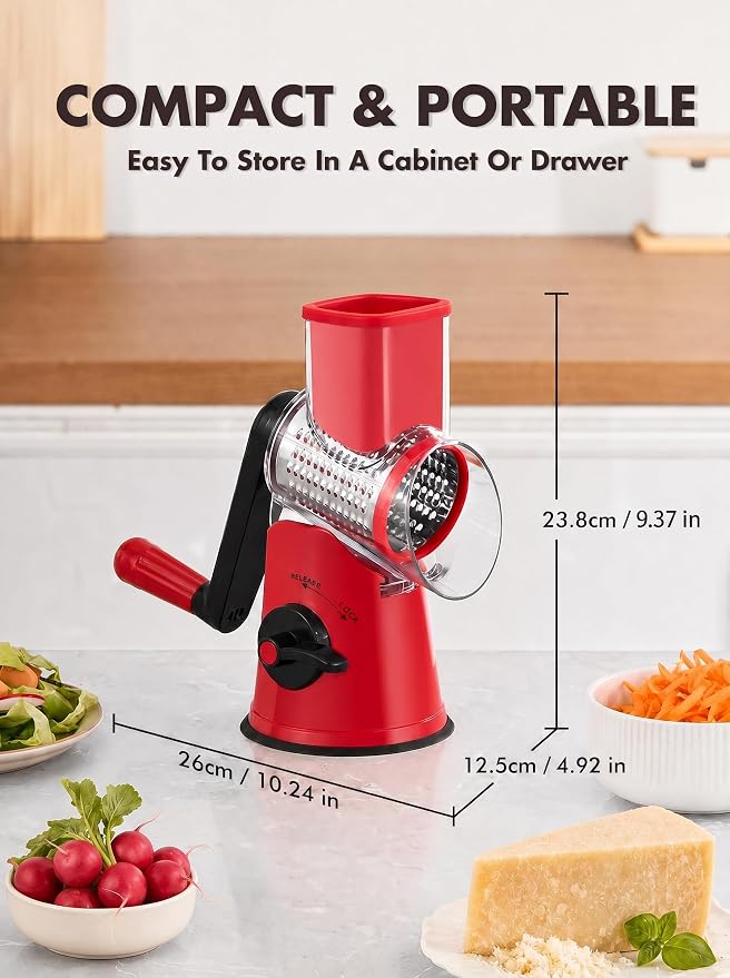 GDL Cheese Grater Hand Crank, Rotary Cheese shredder, Vegetable Slicer | 5 Stainless Steel Blades, 12x Fast Cutting, Non-slip Suction Base, No BPA, Dishwasher Safe, Easy Use for Cheese, Veggies, Nut