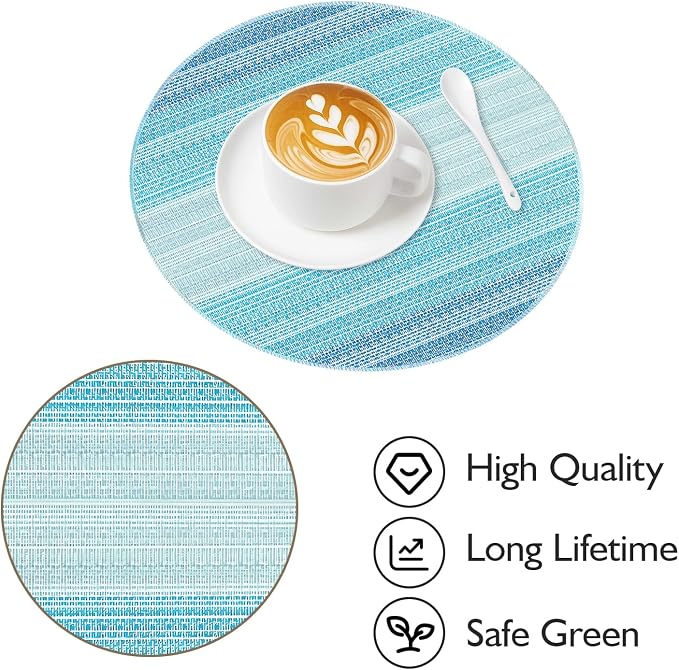 Round Placemats, Placemats Set of 4 Washable Place Mats, Blue 15" | Easy to Clean, Heat Resistant Table Mats, Wipeable Linen Placemat for Holiday Party Kitchen Dining Table Decoration